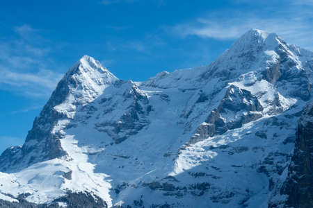 View from Muerren, a village in Switzerland, to the mountains Eiger and Moench