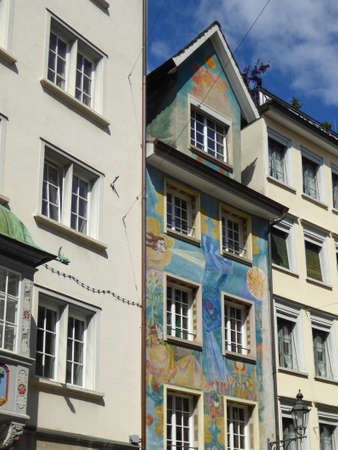 St. Gallen, Switzerland - May 21st 2017: Colorful historic facade in the centreのeditorial素材
