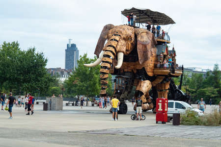 Nantes, France - August 20th 2018: A wooden elephant for touristsのeditorial素材