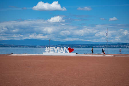 Evian-les-bains, France - June 21st 2021: Red pavement and heart at Lac Leman