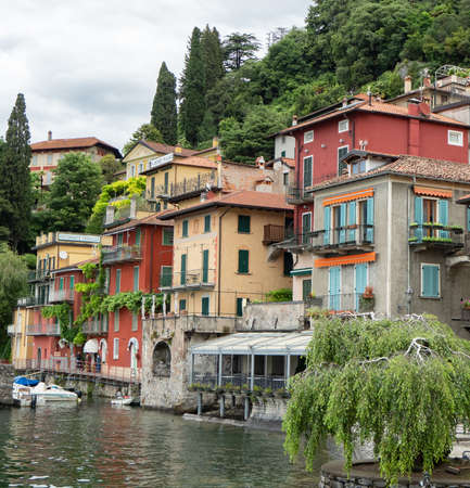Historic buildings at the waterfront of Lago di Como in Varenna, Italyのeditorial素材
