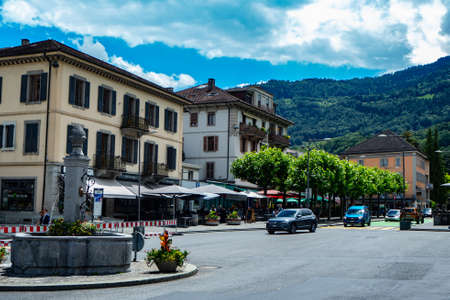 Monthey, Switzerland - June 18th 2020 - Main square with a lot of trafficのeditorial素材