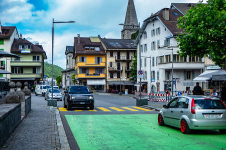 Monthey, Switzerland - June 18th 2020 - Main square with a lot of trafficのeditorial素材