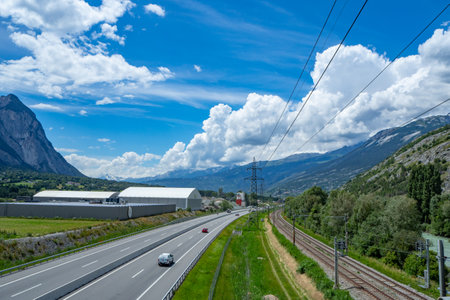 Transport infrastructure domination in Rhone valley, Valais, Switzerlandのeditorial素材