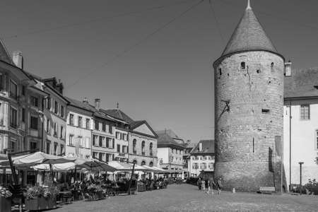 Yverdons-les-bains, Switzerland - July 11th 2021: Historic facades and towerのeditorial素材