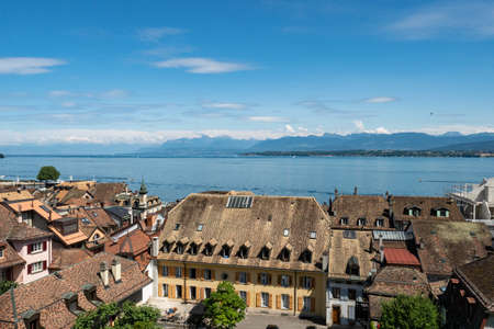 View over the rooftops of Nyon, Switzerland and Lake Genevaの写真素材