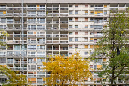 Paris, France November 15th 2021: Big housing block in the architecture of the 60ies in Rue de Meaux