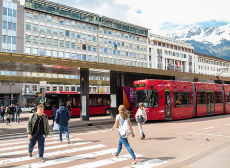 Innsbruck, Austria - April 17th 2018: Public transport stop in front of the main station.のeditorial素材