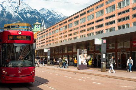 Innsbruck, Austria - April 17th 2018: Public transport stop in front of the main station.のeditorial素材