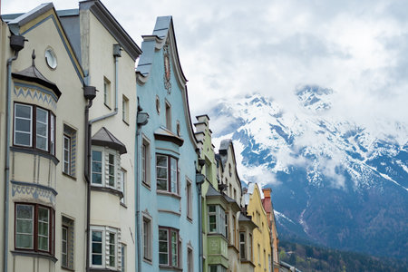 Innsbruck, Austria - April 16th 2018: Colorful historic facades in the city centre.のeditorial素材
