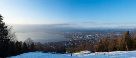 View towards the city of Zug, Switzerland, on a sunny winter afternoon