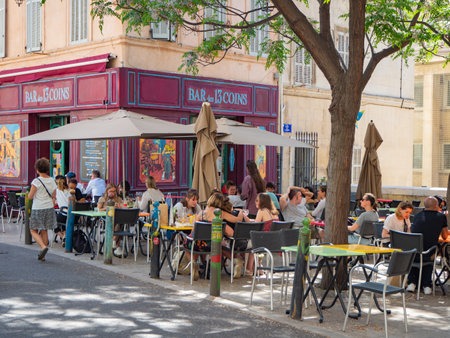 Marseille, France - May 15th 2022: Busy restaurant terrace in the old townのeditorial素材