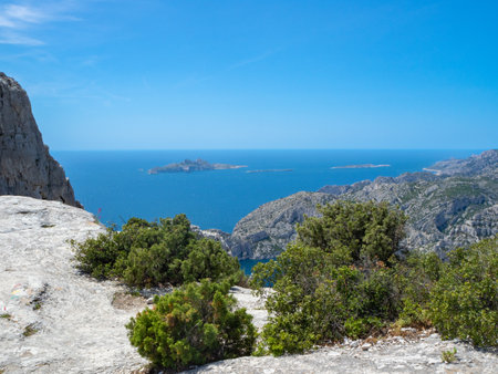 Calanques, France - Hiking high above the Mediterranean Sea along a rocky coastの写真素材