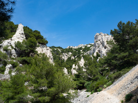 Calanques, France: Hiking trail in wild and rocky terrain.の写真素材