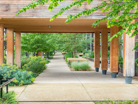 Paris, France - May 12th 2023: Beautiful park at Halle Pajol along a former railway lineのeditorial素材