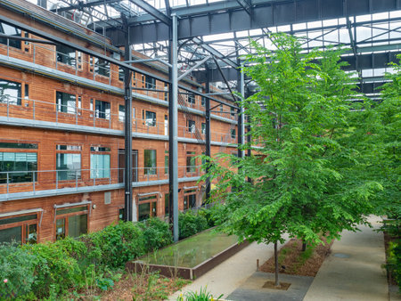 Paris, France - May 12th 2023: The modern Halle Pajol offers attractive urban spacesのeditorial素材