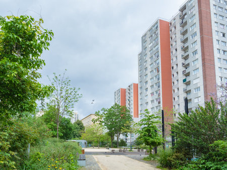 Paris, France - May 12th 2023: Green spaces between housing blocks close to Riguetのeditorial素材