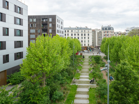 Paris, France - May 11th 2023: Modern park of Rue des poissonniers in a new housing and business quarterのeditorial素材