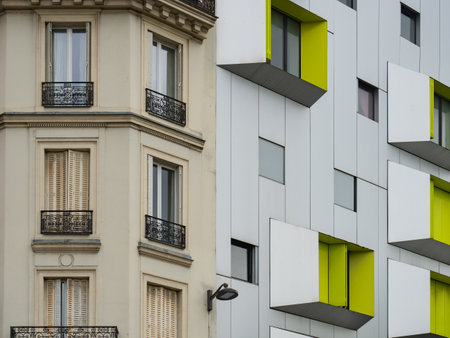 Paris, France - May 11th 2023: Historic and modern architecture in Rue Ordenerのeditorial素材