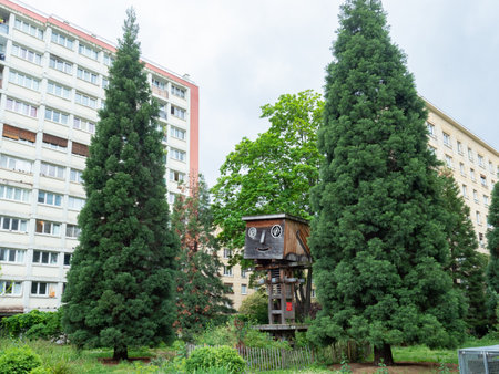 Paris, France - May 12th 2023: Green spaces between housing blocks close to Riguetのeditorial素材