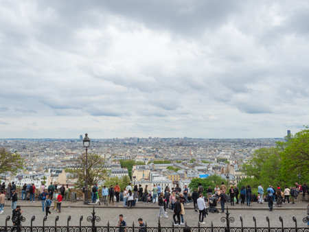 Paris, France - May 8th 2023: Travellers enjoying amazing view over the city from Sacre-Coeurのeditorial素材
