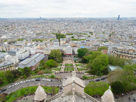Paris, France - May 8th 2023: View over the gardens in front of Sacre-Coeur towards the wide city landscapeのeditorial素材
