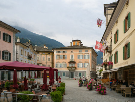 Poschiavo, Switzerland - October 14th 2023: Historic square surrounded by old buildingsのeditorial素材