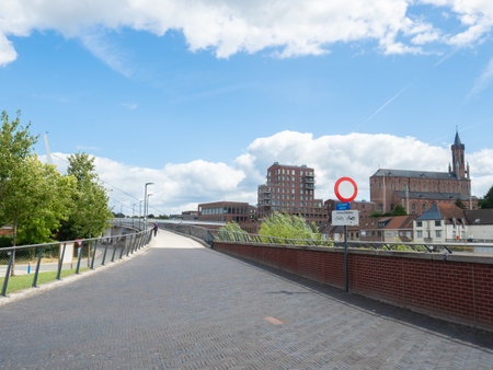 Wetteren, Belgium - July 30th 2023: Modern cycling highway towards the bridge into the city centreのeditorial素材