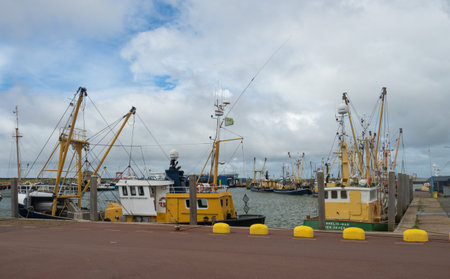 Den Oever, Netherlands - August 6th 2023: Big fishing harbour with various motor vesselsのeditorial素材