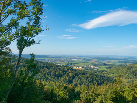 Kehlen, Germany - October 3rd 2023: Beautiful view from the peak over wide hills and forests,の写真素材