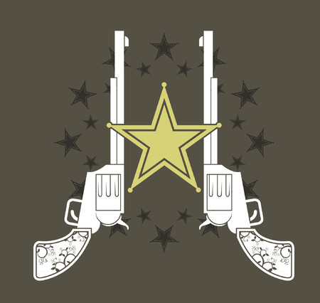 Two western revolvers lined up behind a sheriff badge.のイラスト素材