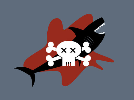 A skull and crossbones graphic against a shark and blood.のイラスト素材