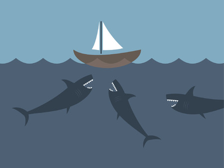 A sail boat surrounded by three sharks.のイラスト素材