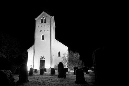 Church by night at creepy church yard!の写真素材