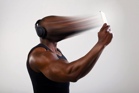 African man athlete on a light background uses a smartphone. The mans face is transferred, sucked, absorbed into the phone. Concept of social network dependency, phone addiction.の写真素材