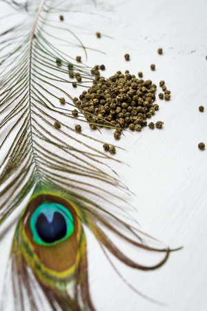 Green peppercorns on a white background. Decorated with peacock featherの写真素材