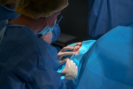 Injects into the eyelid. Blepharoplasty at an ophthalmology clinicの写真素材