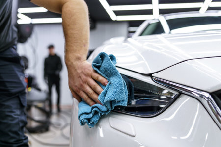Man wipes a car with a ragの写真素材