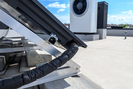 Heat pump and solar collector on the roofの写真素材