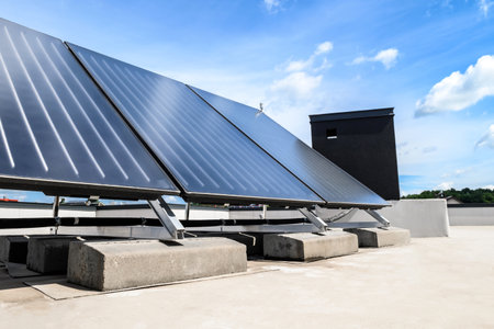 Heat pump and solar collector on the roofの写真素材