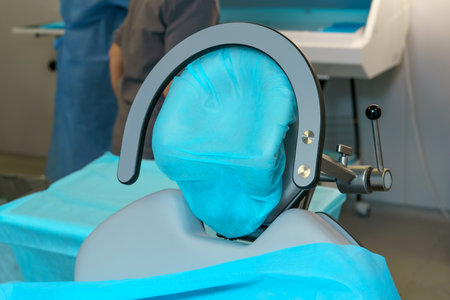 Ophthalmic laser system in eye surgery clinic. Close up couch in operating room