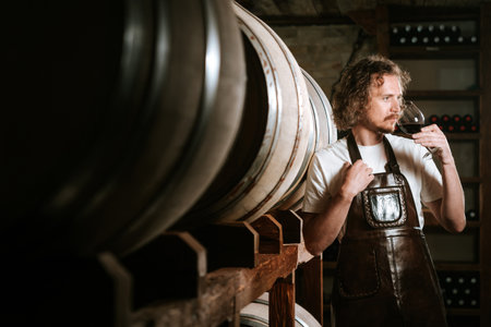 Young man sommelier with a glass of red wineの写真素材