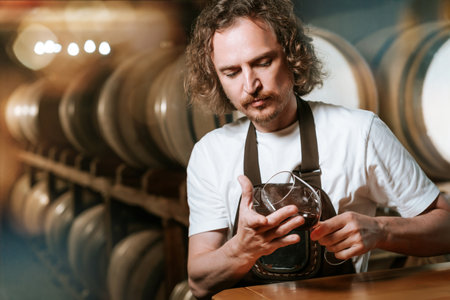 Young man sommelier with a glass of red wineの写真素材