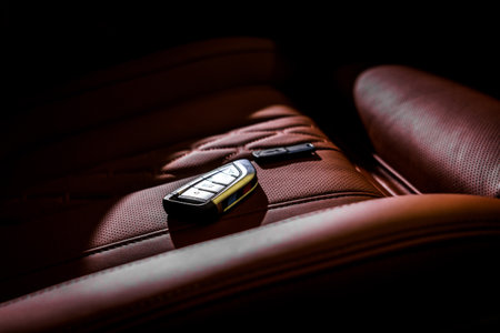 Car Key on Leather Seat in Low Lightの写真素材