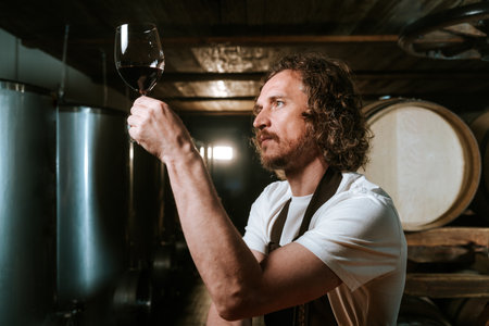 Winemaker Inspecting Red Wine in Cellar