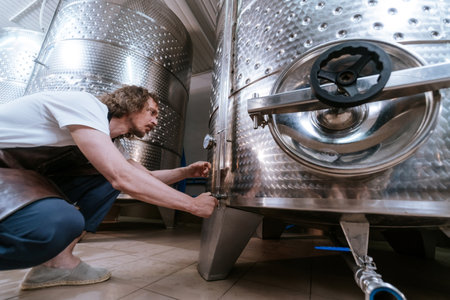 Winemaker Adjusting Stainless Steel Fermentation Tank Valveの写真素材