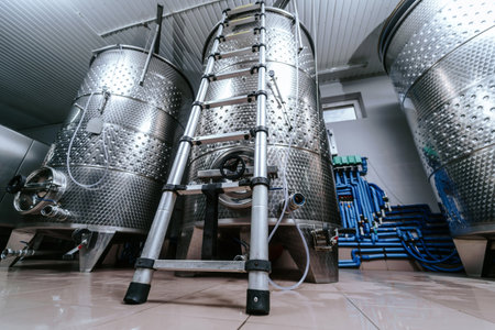 Industrial Wine Fermentation Tanks with Ladder in Cellarの写真素材