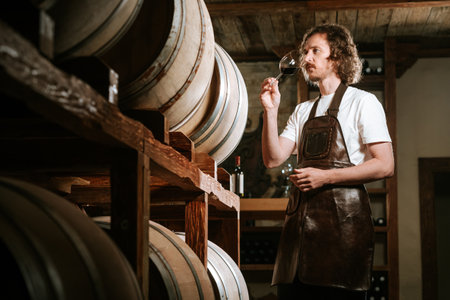 Winemaker Smelling Aroma of Red Wine in Cellarの写真素材