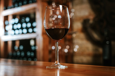 Glass of Red Wine on Wooden Table in Cellarの写真素材