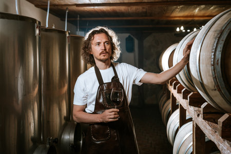 Winemaker Inspecting Red Wine in Cellarの写真素材